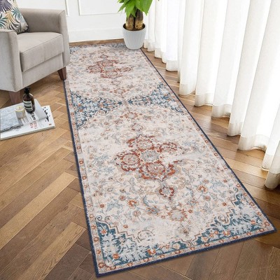 Vintage Distressed Rug Bohemian Floral Medallion Area Rug, Non-Slip Low Pile, Red/Beige