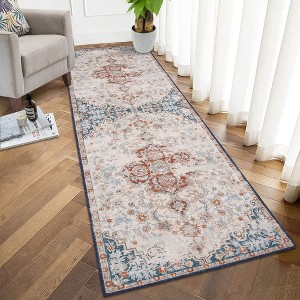 Vintage Distressed Rug Bohemian Floral Medallion Area Rug, Non-Slip Low Pile, Red/Beige - 1 of 4