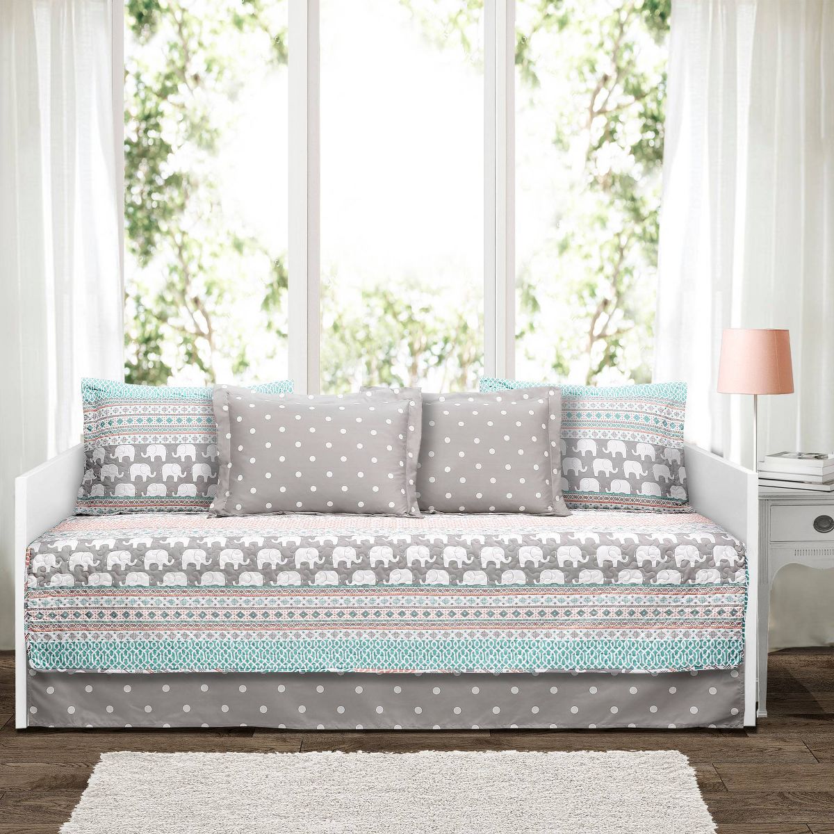6pc Elephant Striped Daybed Kids' Cover Set - Lush Décor: Daybed Bedding Sets, Comforter, Pillowcases, Multicolor