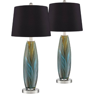 360 Lighting Azure Modern Table Lamps 26 3/4" High Set of 2 Blue Brown Art Glass Black Faux Silk Drum Shade for Bedroom Living Room Bedside Nightstand - 1 of 4