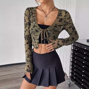 Clearlove Women's 2026 Fashion Long Sleeve Floral Lace Cropped Cardigan Mesh Sheer Tie Front Crop Tops - 1 of 4