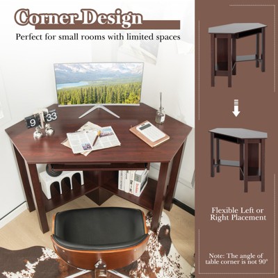 Compact Functional Brown Wood Corner Desk with Keyboard Tray and Drawer