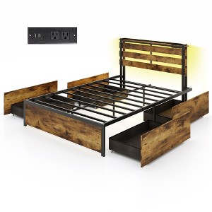 Tangkula Full Size Bed Frame w/ Drawers LED Lights Outlets & USB Ports Smart APP Control - 1 of 4