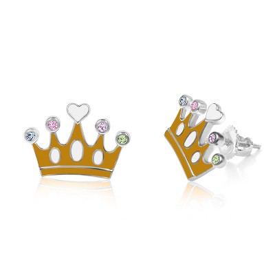 Chanteur Hypoallergenic Kids Jewelry Accessories Crown Heart CZ White Gold Palladium Plating Stud Earrings Surgical Titanium Posts