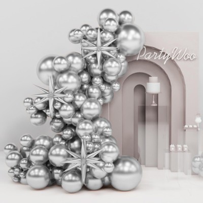 PartyWoo Balloon Arch Kit Metallic Silver Starburst Spike Star 22 Inch 18 12 10 5 Inch 110 pcs