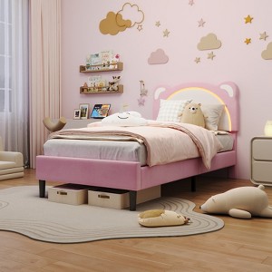 Full Size Bed Frame for Kids, Upholstered Platform Bed Frame with Adjustable Headboard & Led Light, No Box Spring Needed, for Kids' Room Nursery - 1 of 4