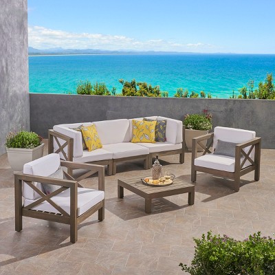 Christopher Knight Home Malcolm Outdoor 5 Seater Acacia Wood Sectional Sofa Set with Coffee Table and Cushions