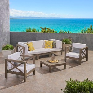Christopher Knight Home Malcolm Outdoor 5 Seater Acacia Wood Sectional Sofa Set with Coffee Table and Cushions - 1 of 4