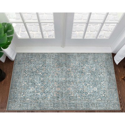 Blue and Beige Synthetic Flat-Weave Oriental Area Rug, 3'11" x 5'3"