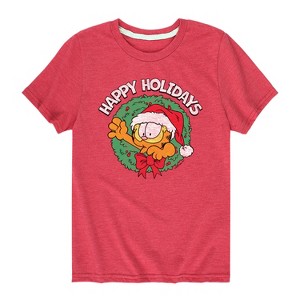 Boys' - Garfield - Happy Holidays Wreath Short Sleeve Graphic T-Shirt - 1 of 4
