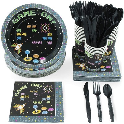 Juvale 24 Set Video Game On Arcade Party Pack, Plates Napkins Cups Forks Spoons Knives