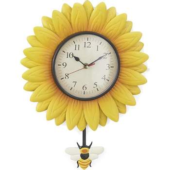 SkyMall Sunflower Silent Wall Clock, Battery Operated Pendulum Analog Wall Clock with Bee Design