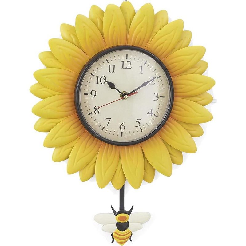 SkyMall Sunflower Silent Wall Clock, Battery Operated Pendulum Analog Wall Clock with Bee Design, 1 of 5