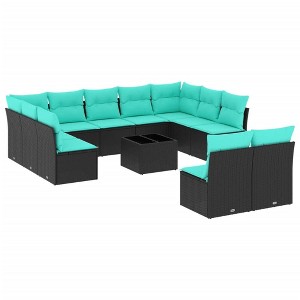 vidaXL 12 Piece Garden Sofa Set with Cushions Black Poly Rattan - Black and Blue With Table - 1 of 4