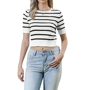 INSPIRE CHIC Women's Striped Short Sleeve Crew Neck Lightweight Stretch Casual Knit Fitted Tops - 1 of 4
