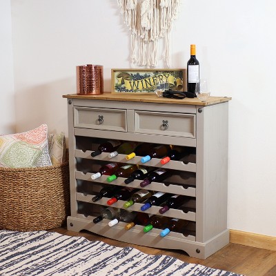 Gray Solid Pine 28-Bottle Wine Rack Cabinet with Drawers