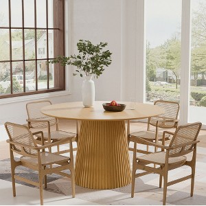 PexFix 46" Round Dining Table for 6 People Modern Pedestal Table with Fluted Cone Base & Wood MDF Top for Small Space Kitchen Dining Room Cafe Natural - 1 of 4