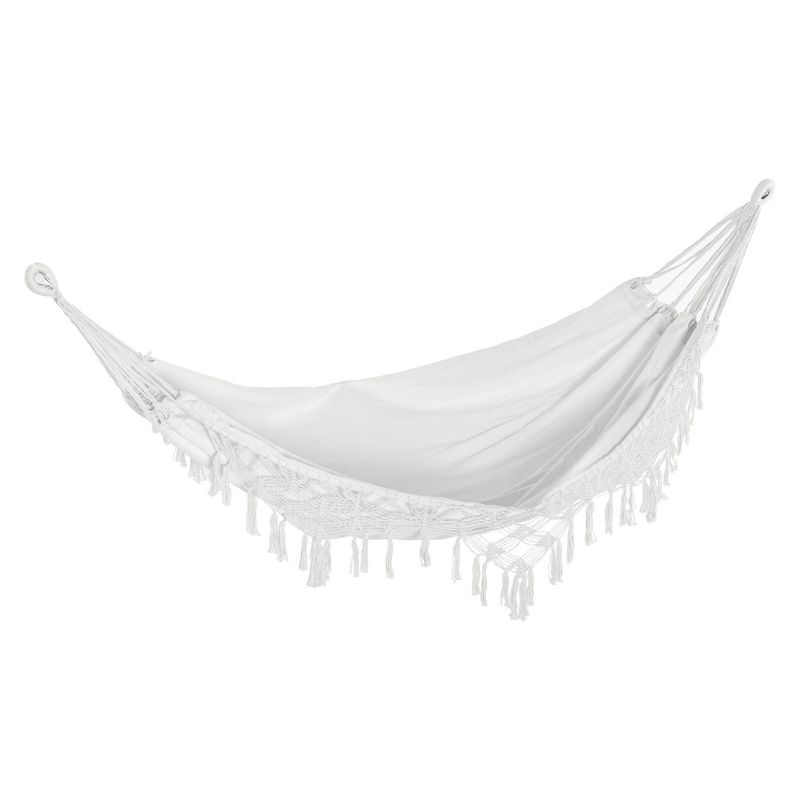 Outsunny Extra Large Boho Hammock with Macrame Tassel Fringe, Includes Carrying Bag, Indoor Outdoor Tree Hammock for Porch, Backyard, Camping, White, 4 of 9