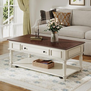 47.2" Farmhouse Coffee Table with Drawer and Lockable Wheels, White and Walnut Center Table with Shelf for Living Room -3irtyhousy - 1 of 4