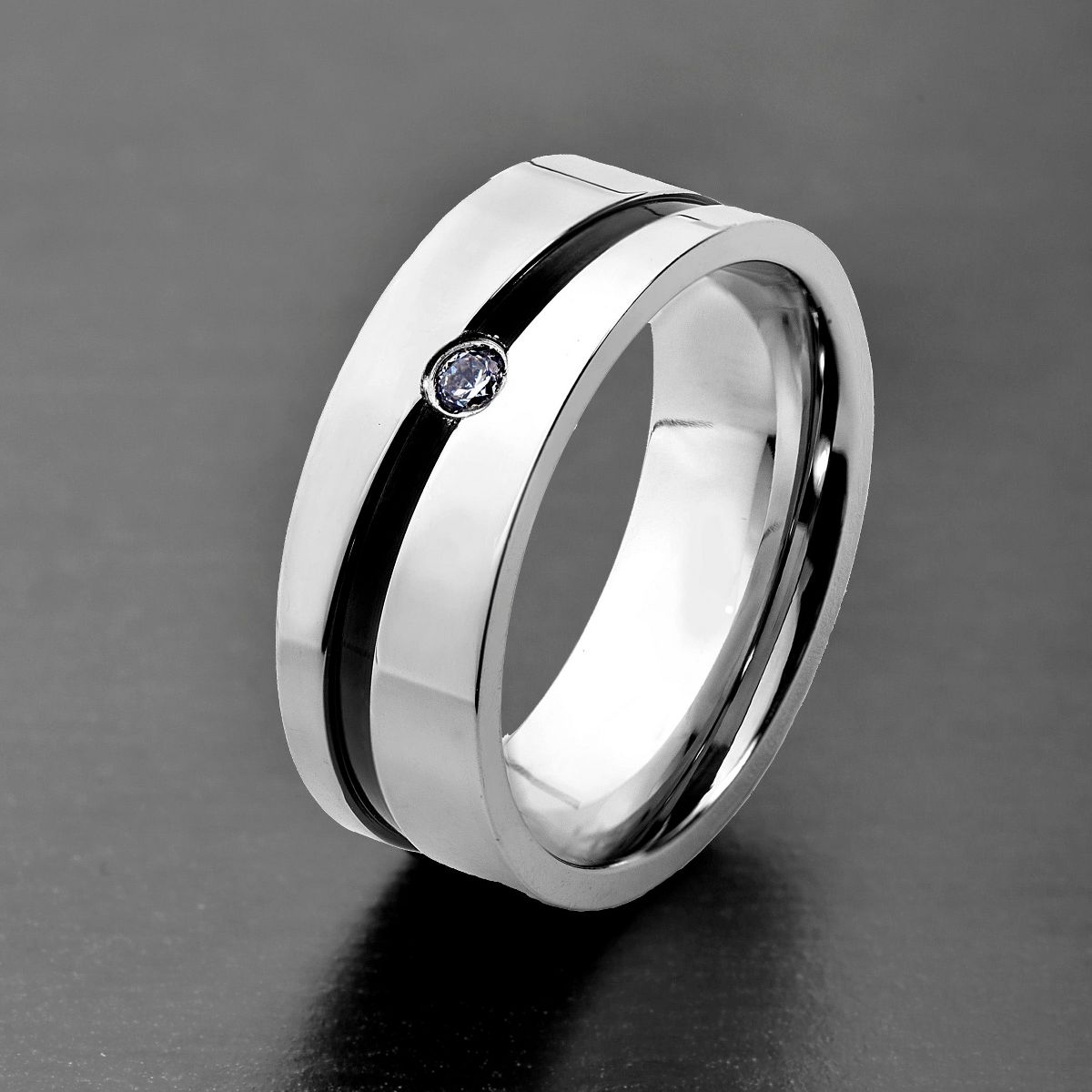 West Coast Jewelry Men's Cubic Zirconia Black Stripe Stainless Steel Wedding Band - thumbnail 5