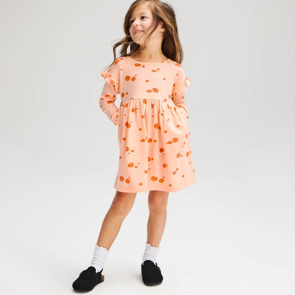 Toddler Girls' Halloween Pumpkins Long Sleeve Dress - Cat & Jack™ Peach 5T