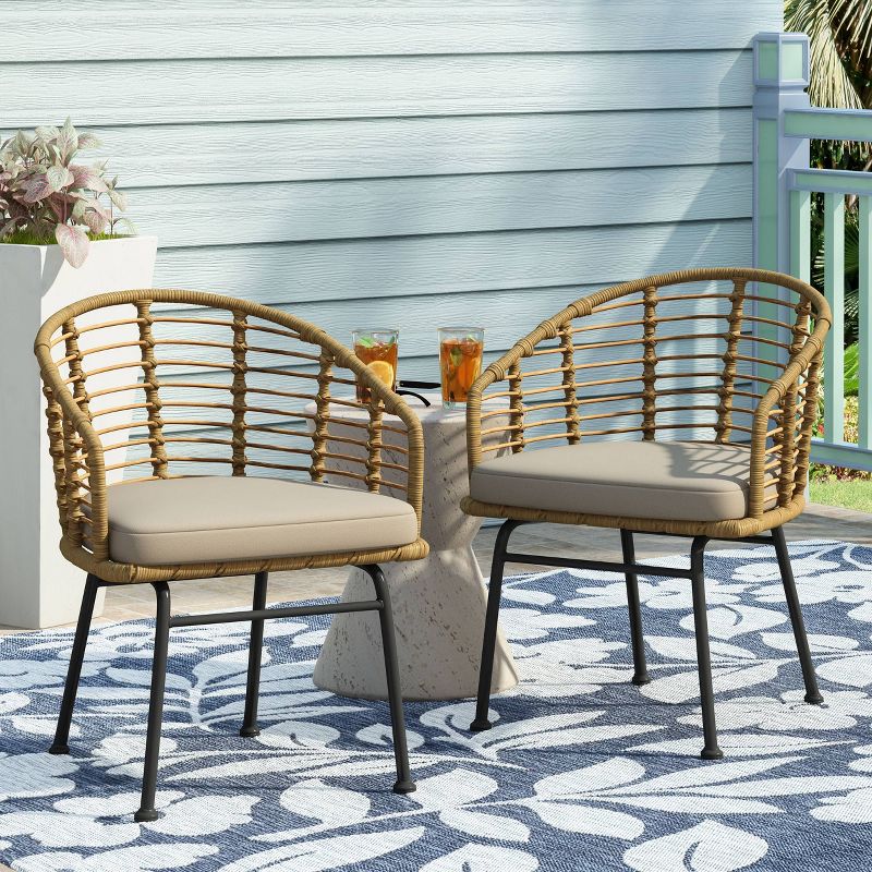 Randy 2pk Outdoor Wicker Chairs with Cushions - Light Brown/Beige - Christopher Knight Home, 3 of 13