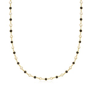 Ross-Simons Bezel-Set Onyx and 3.5-4mm Cultured Pearl Necklace in 18kt Gold Over Sterling - 1 of 3