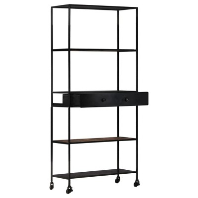 Industrial Rough Mango Wood and Iron 4-Shelf Bookcase with Drawer