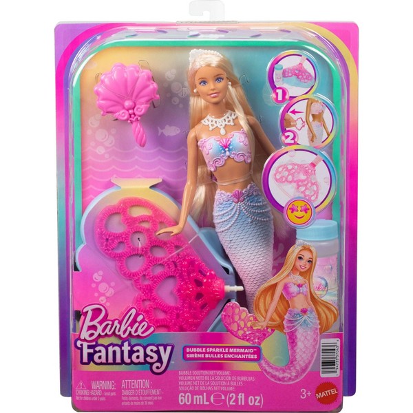 Muñeca Sirena Barbie Bubble Sparkle con función de burbujas, incluye solución y cepillo 6