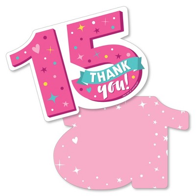 Big Dot of Happiness Girl 15th Birthday - Shaped Thank You Cards - Teen Birthday Party Thank You Note Cards with Envelopes - Set of 12