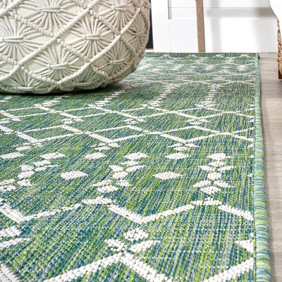 Green and Ivory Geometric Flat Woven Runner Rug