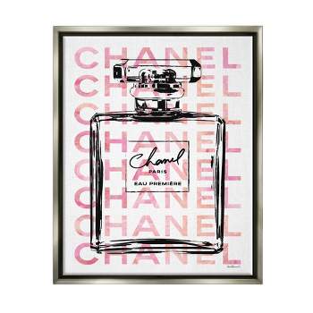 Stupell Industries Glam Perfume Bottle with Words Pink Black Gray Floater Framed Canvas Wall Art, 24 x 30