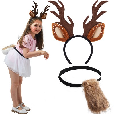 Joyfy Girls Women Halloween Reindeer Headband with Fawn Tail Costume Accessories Set, Antler Deer Headband for Halloween Cosplay Dress Up Party