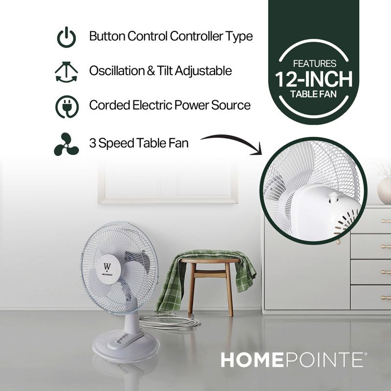 HomePointe Westpointe 12 Inch Corded Electric Oscillating Table Fan with 3 Speed Settings and Adjustable Tilt for Home and Office, White, 2 of 7