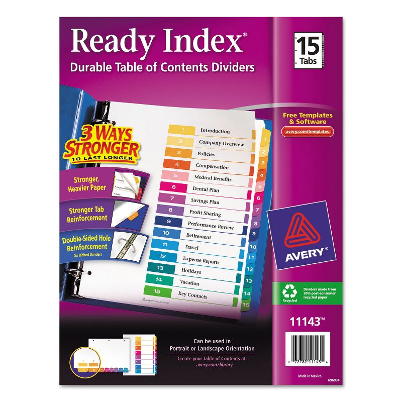 Avery Ready Index Customizable Table of Contents Multicolor Dividers 15-Tab Letter 11143, 1 of 9