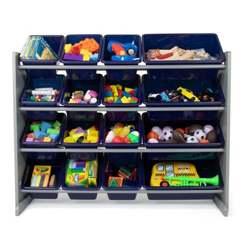 Qaba Childrens Toy Storage & Bin Organizer with 3 Separate Shelving  Sections 7 Shelves & 6 Removeable Bins Blue Kids Organization Rack w/  Individual Removable
