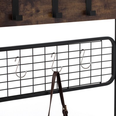 Vintage Brown and Black Metal Hall Tree with Storage and Hooks
