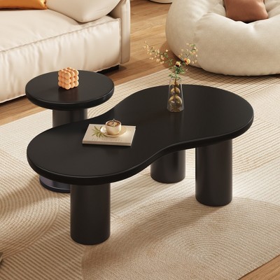 Wooakway Cream Style Cloud Coffee Table with Round Small Side Table and Thick Legs