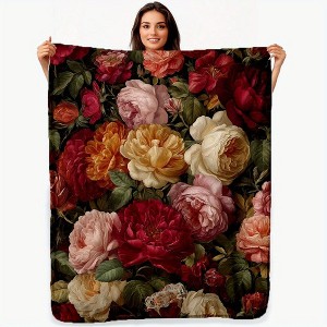 Lomsoe Vintage Red Floral Print Flannel Blanket - All Seasons Soft and Warm Throw Blanket for Napping, Camping, Travel, Office - 1 of 4