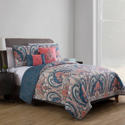 Coral and Blue Reversible Microfiber King Quilt Set