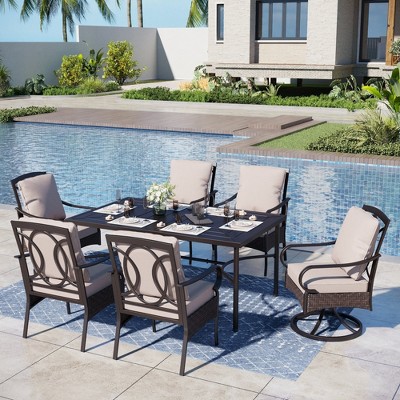 Captiva Designs 7pc Patio Dining Set with Rectangle Steel Table & Rattan Metal Arm Chairs