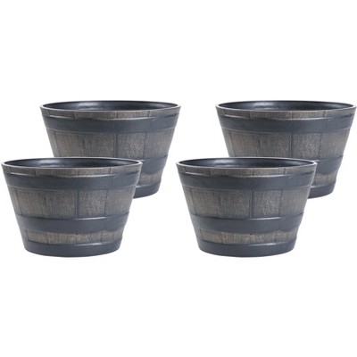 Gardenised Rustic Wood- Look Plastic Half Barrel Flower Pot Bucket Planter, Pack of 4