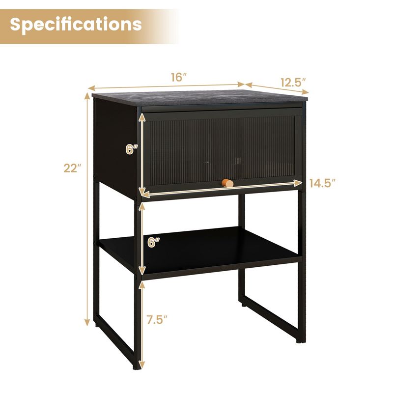 Costway 1/2 PCS Home Nightstand 3-Tier Storage Table with Door Open Shelf Heavy-duty Metal Frame Black, 3 of 9