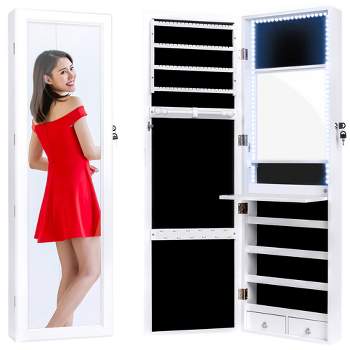 Best Choice Products Hanging Mirror Jewelry Armoire Cabinet for Door or Wall Mount w/ LED Lights, Cosmetics Tray, Lock