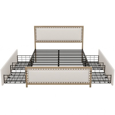 NicBex Queen Size Upholstered Bed Frame with Nailhead Decoration and 4 Drawers for Adults/Boys/Girls,White+Brown