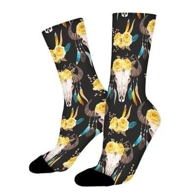 Buffalo Skull Decorated Women Printed Crew Socks Funny Funky Socks Soft Polyester Novelty Gifts for Artists Men