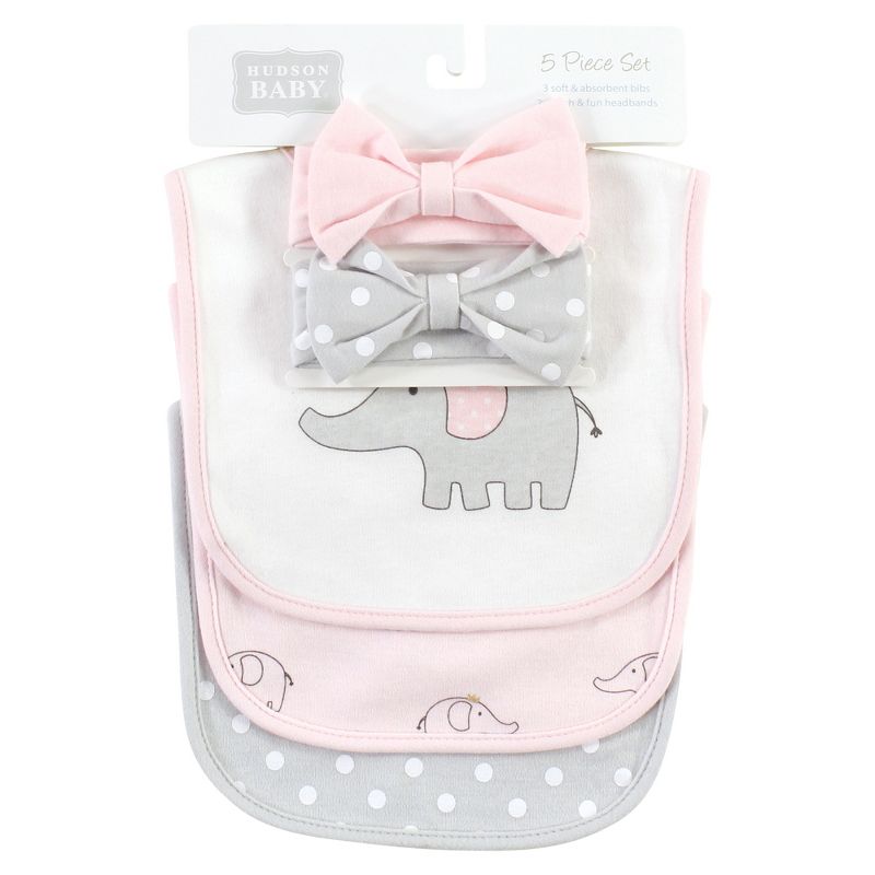 Hudson Baby Infant Girl Cotton Bib and Headband or Caps Set, Pink Gray Elephant, One Size, 2 of 6