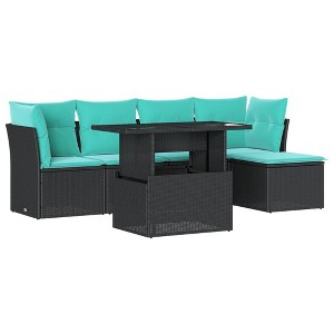 vidaXL 6 Piece Garden Sofa Set with Cushions Poly Rattan - Black without storage - 1 of 4