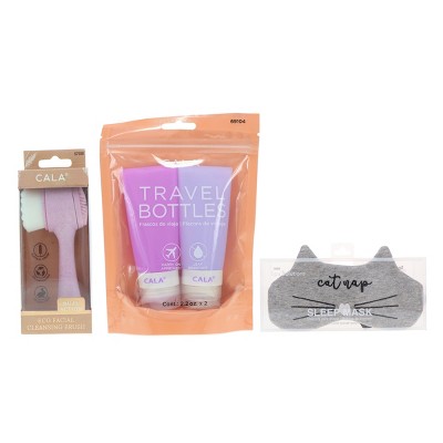 CALA Silicone Travel Bottles Lavender, Sleep Mask Grey Cat Nap & Dual Action Facial Cleansing Brush Lilac Combo Pack