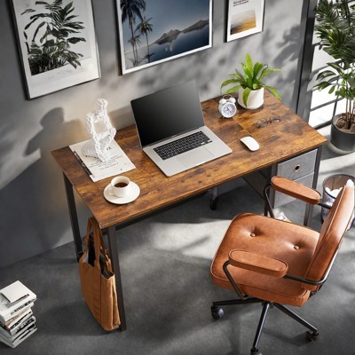 Sevobal Desks Computer Desk With Drawers, Home Office Desk Pc Table With 2-Tier Drawers Storage Shelf Side Hook, Brown, 40"*23.62"*29.33"